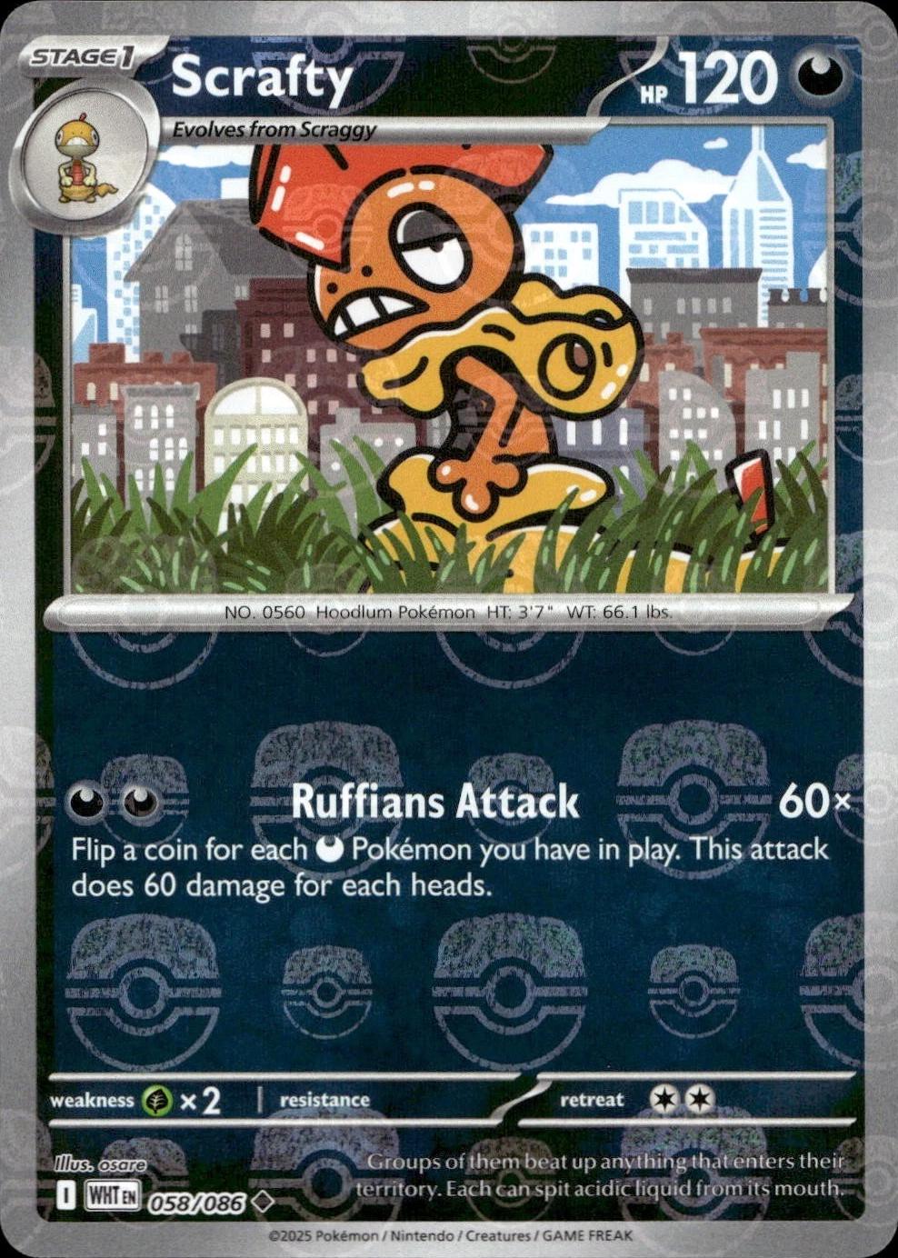 Scrafty (Master Ball Pattern) 058/086  - Holofoil SV White Flare - Uncommon