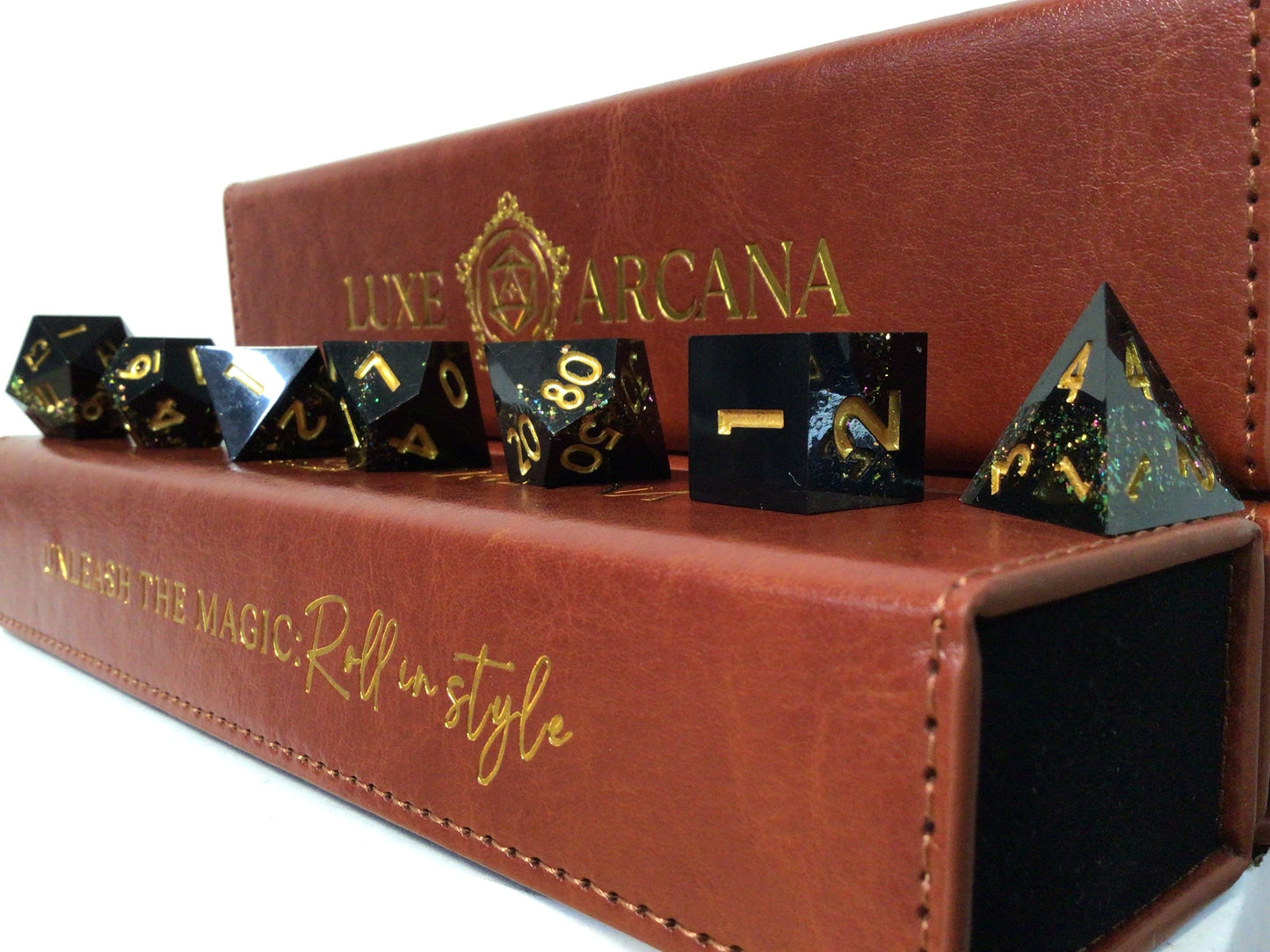 Rainbow Powder Black with Gold - Luxe Arcana - RPG Dice Set (7ct)