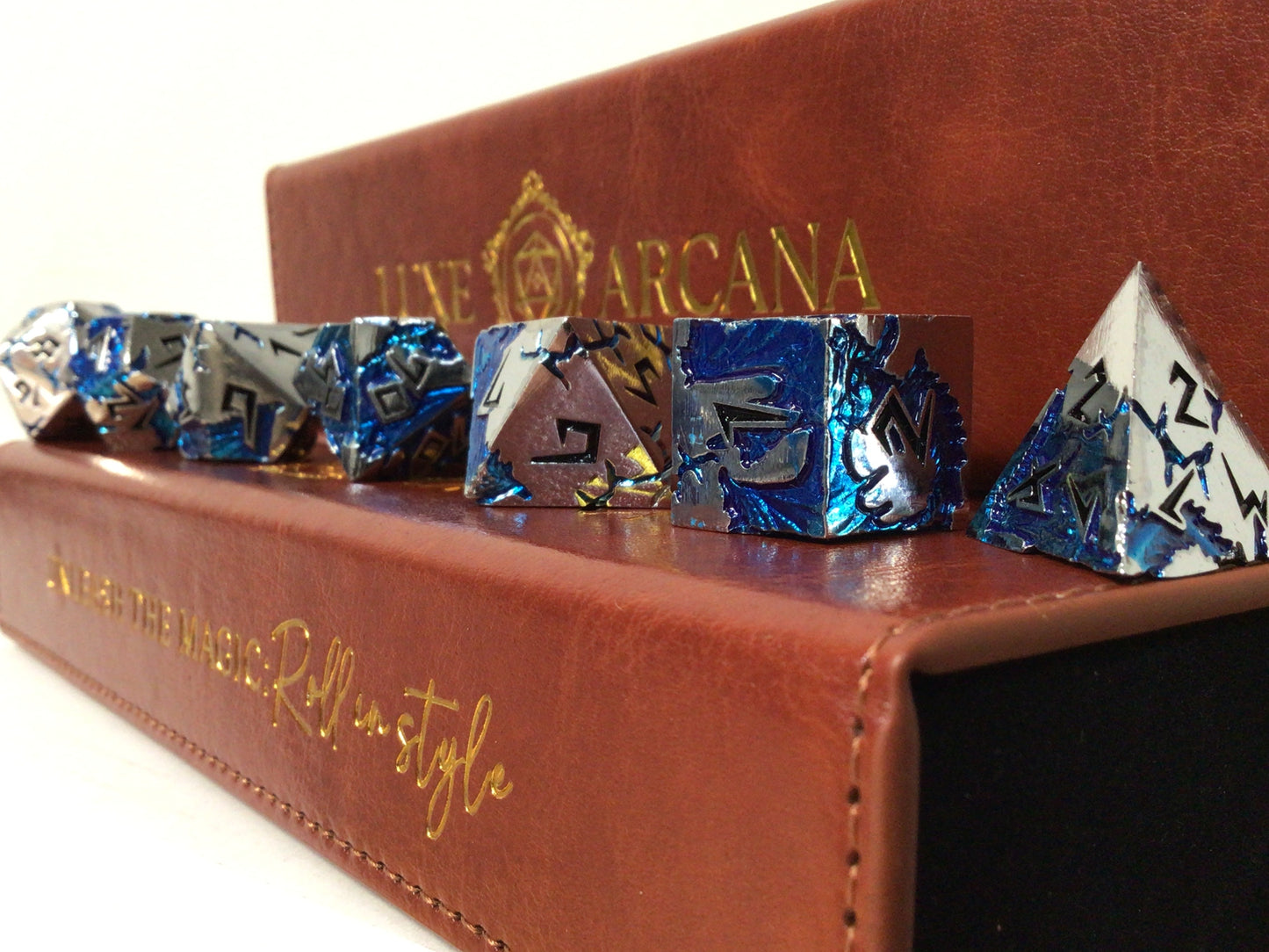 Blue Dragon with Silver - Luxe Arcana - Metal RPG Dice Set (7ct)