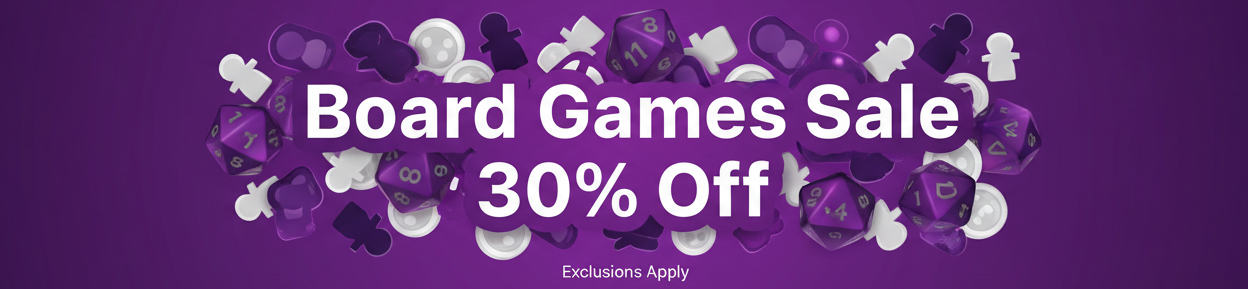 Board games sale with 30% off on a purple background