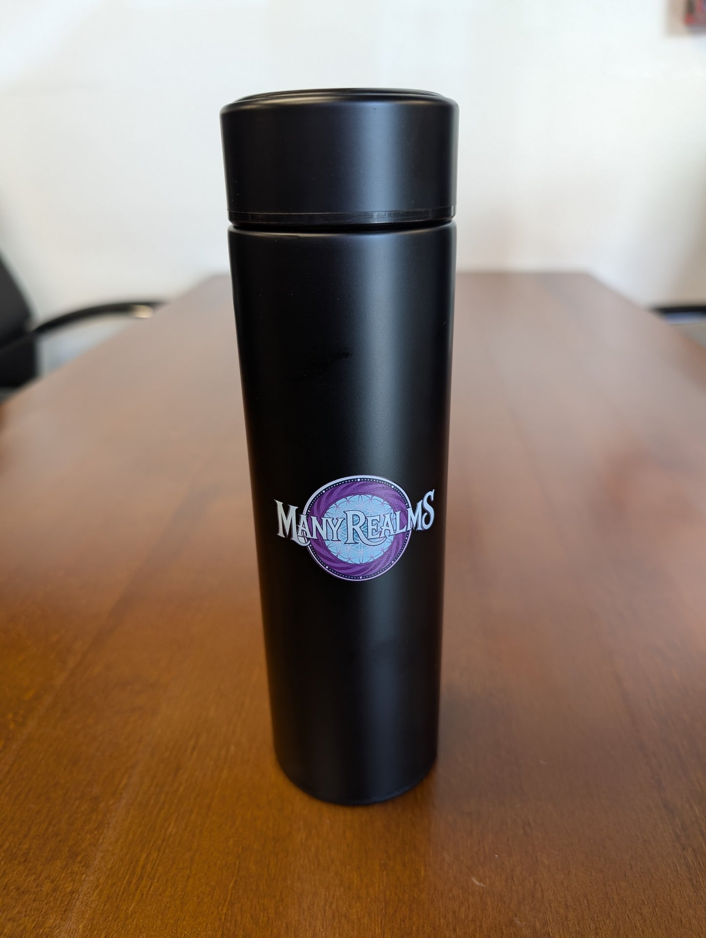 Many Realms Insulated Travel Tumbler with Tea Strainer – Black